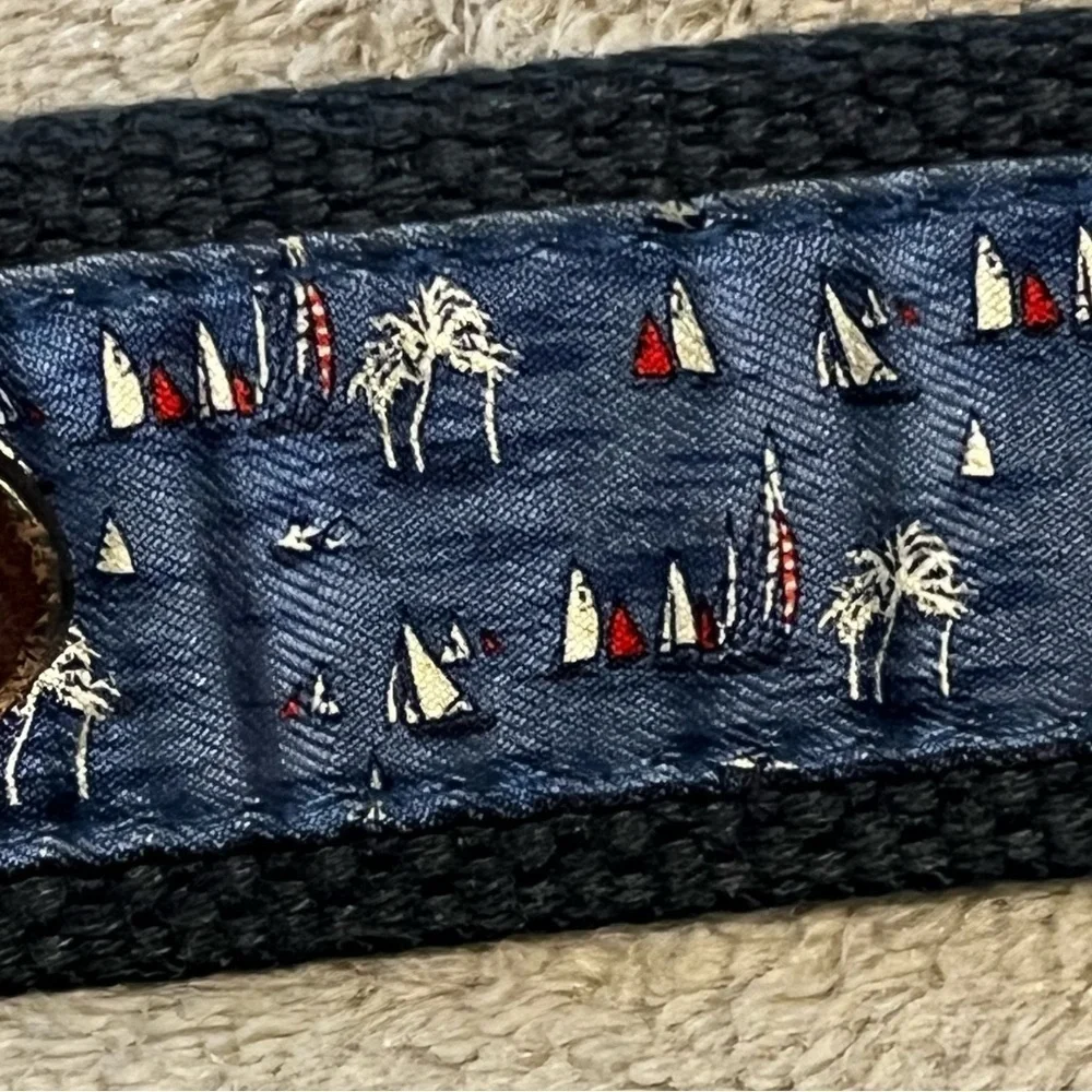 Vineyard Vines Canvas Club Belt Leather Ends Nautical Sailboats Palm Trees SZ 32